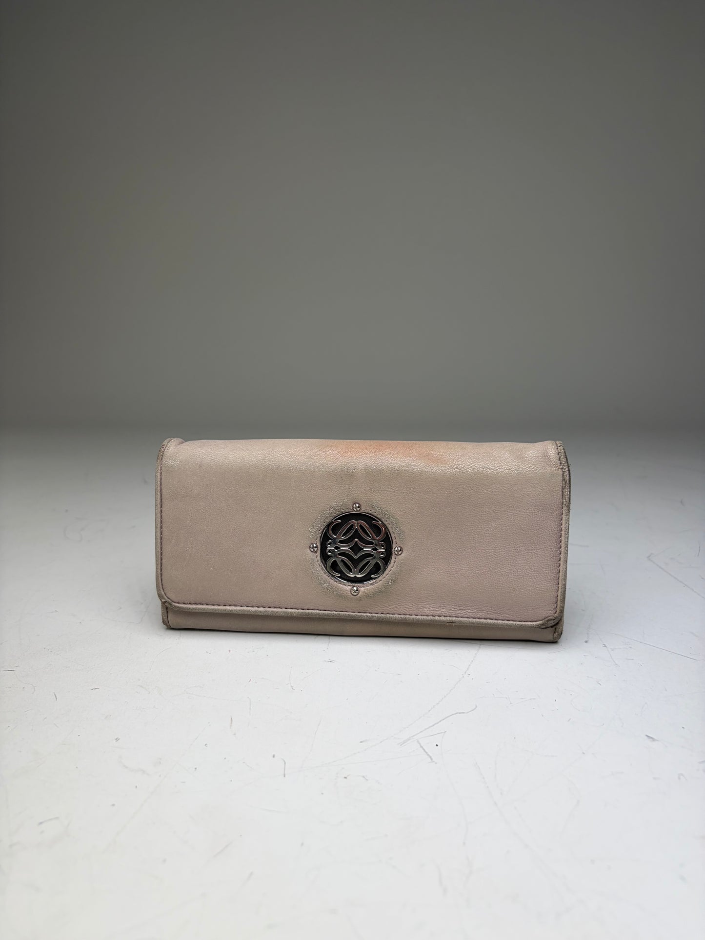 Vintage Loewe Leather Long Wallet Beige Brown Silver