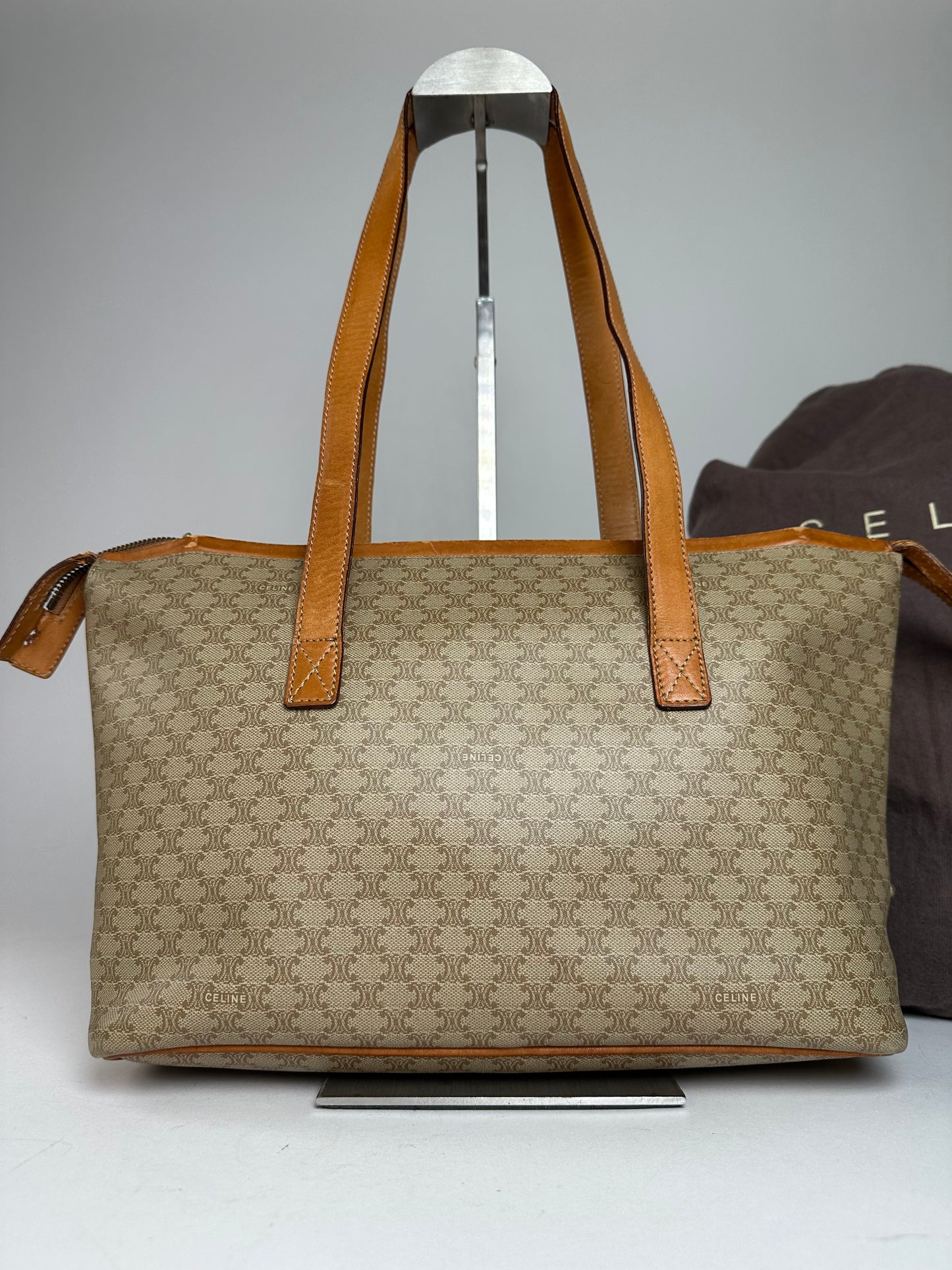 Vintage Celine Paris Monogram Leather Handbag Beige Brown