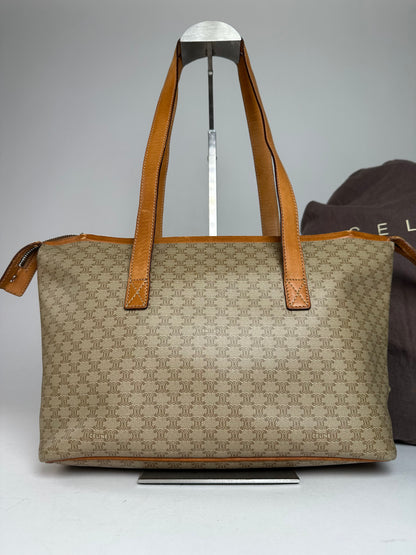 Vintage Celine Paris Monogram Leather Handbag Beige Brown