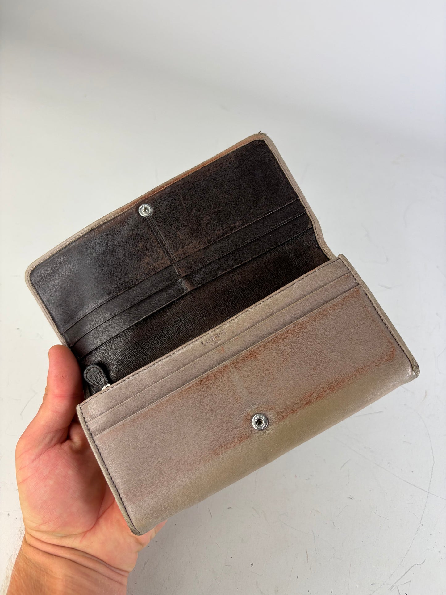 Vintage Loewe Leather Long Wallet Beige Brown Silver