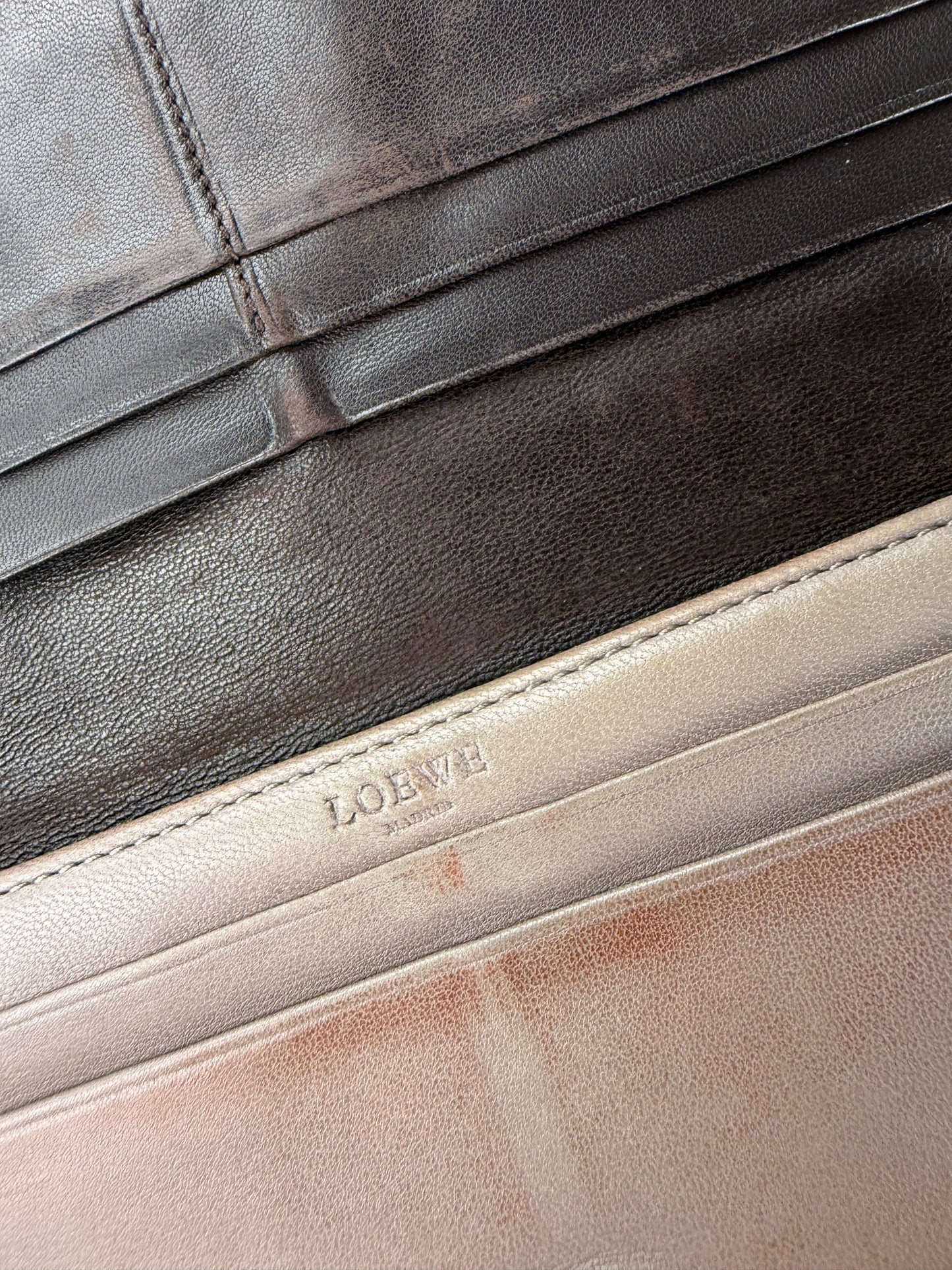Vintage Loewe Leather Long Wallet Beige Brown Silver
