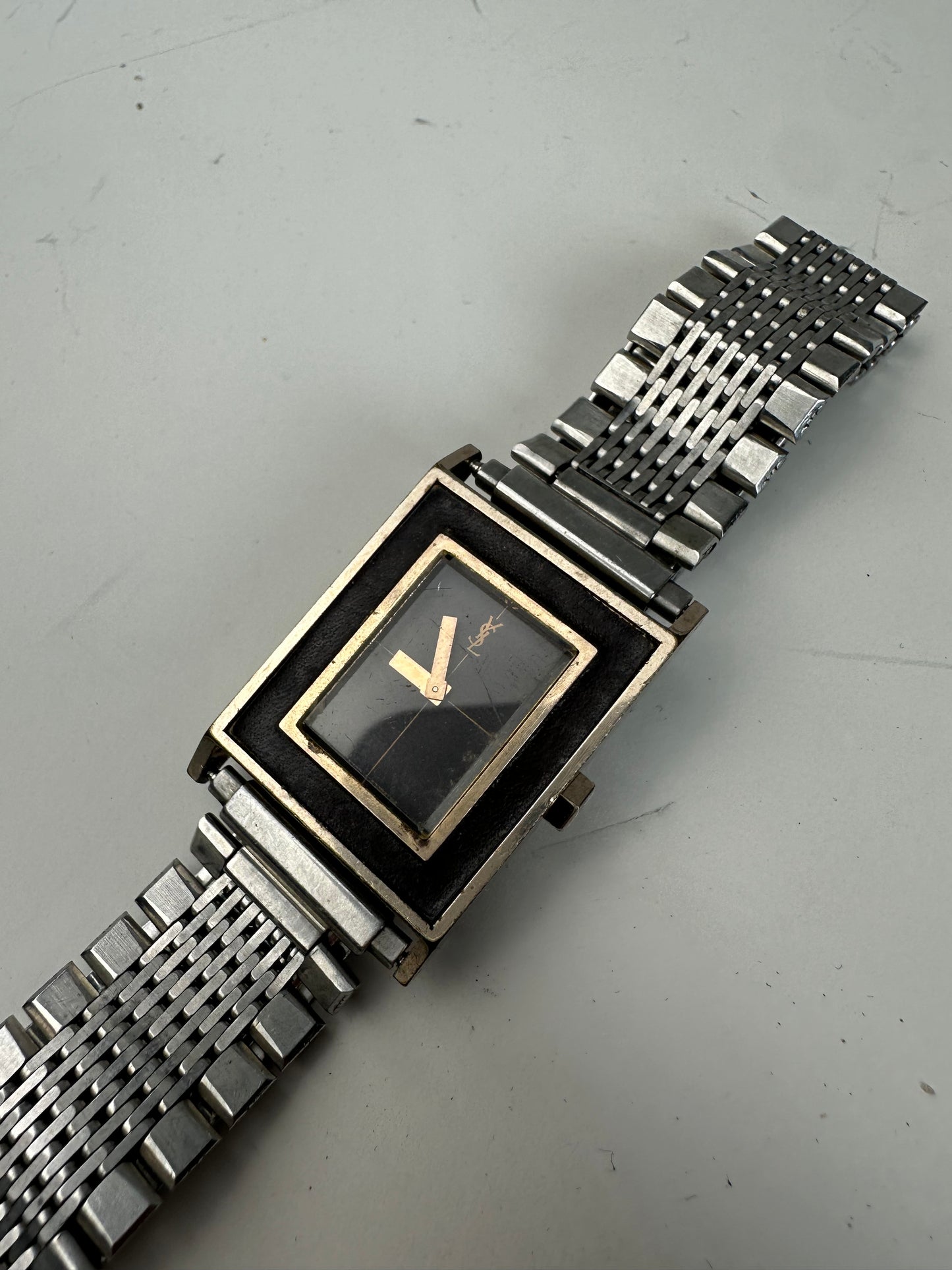 Vintage Saint Laurent Stainless Steel Wristwatch Black Silver