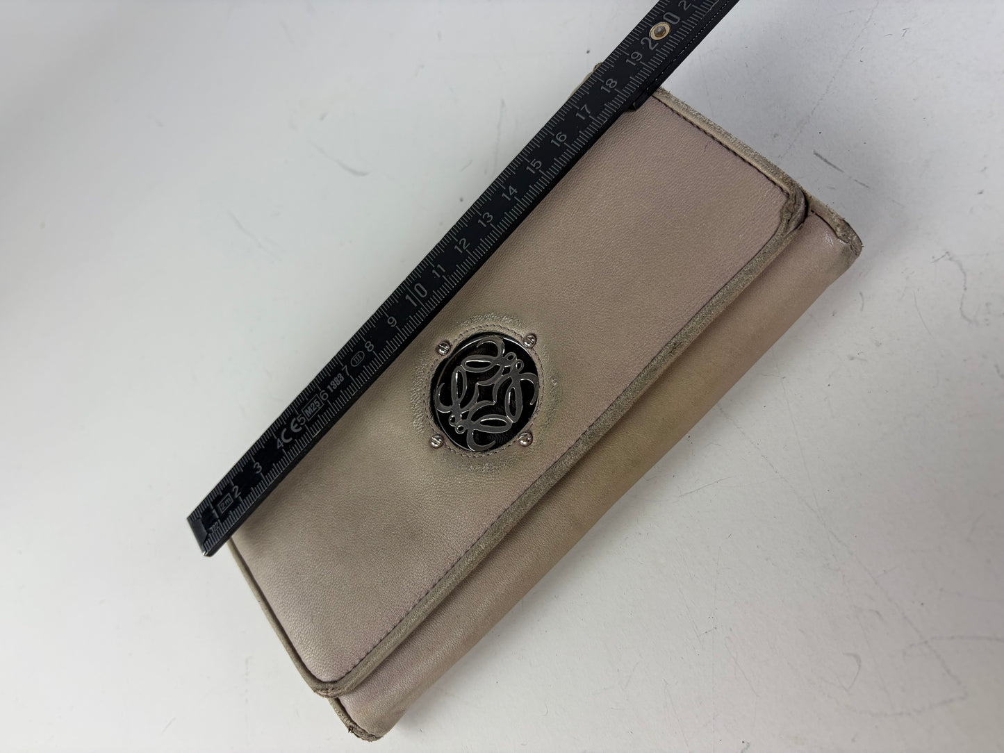 Vintage Loewe Leather Long Wallet Beige Brown Silver