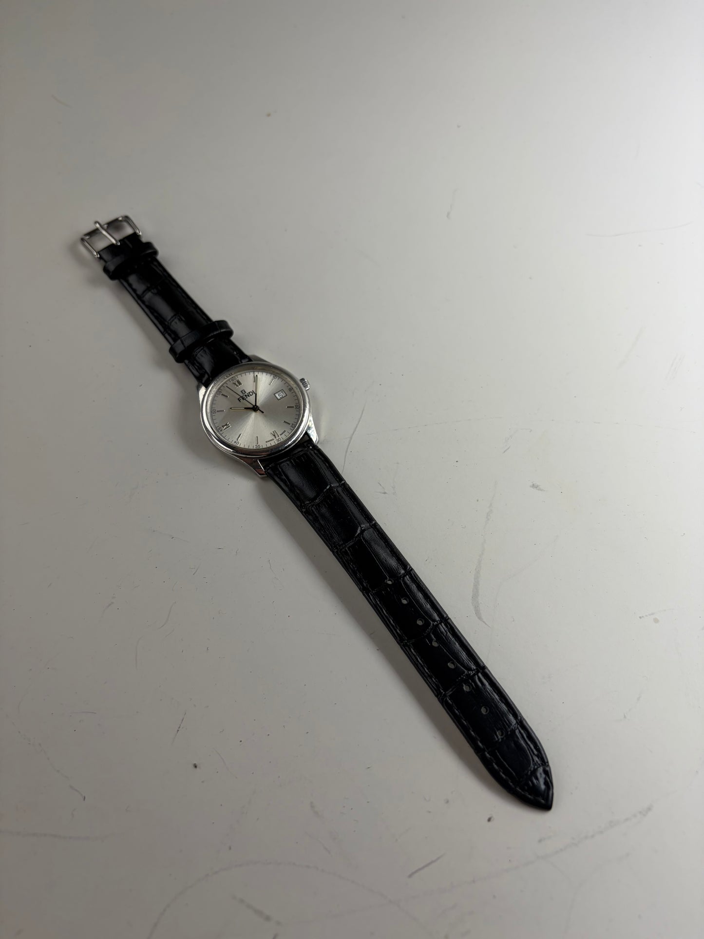 Vintage Fendi Stainless Steel Leather Strap Watch Silver Black