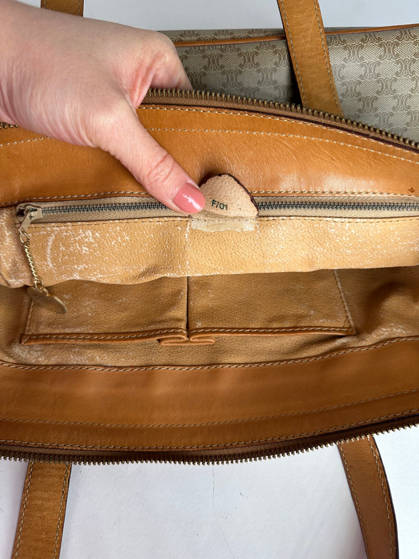 Vintage Celine Paris Monogram Leather Handbag Beige Brown