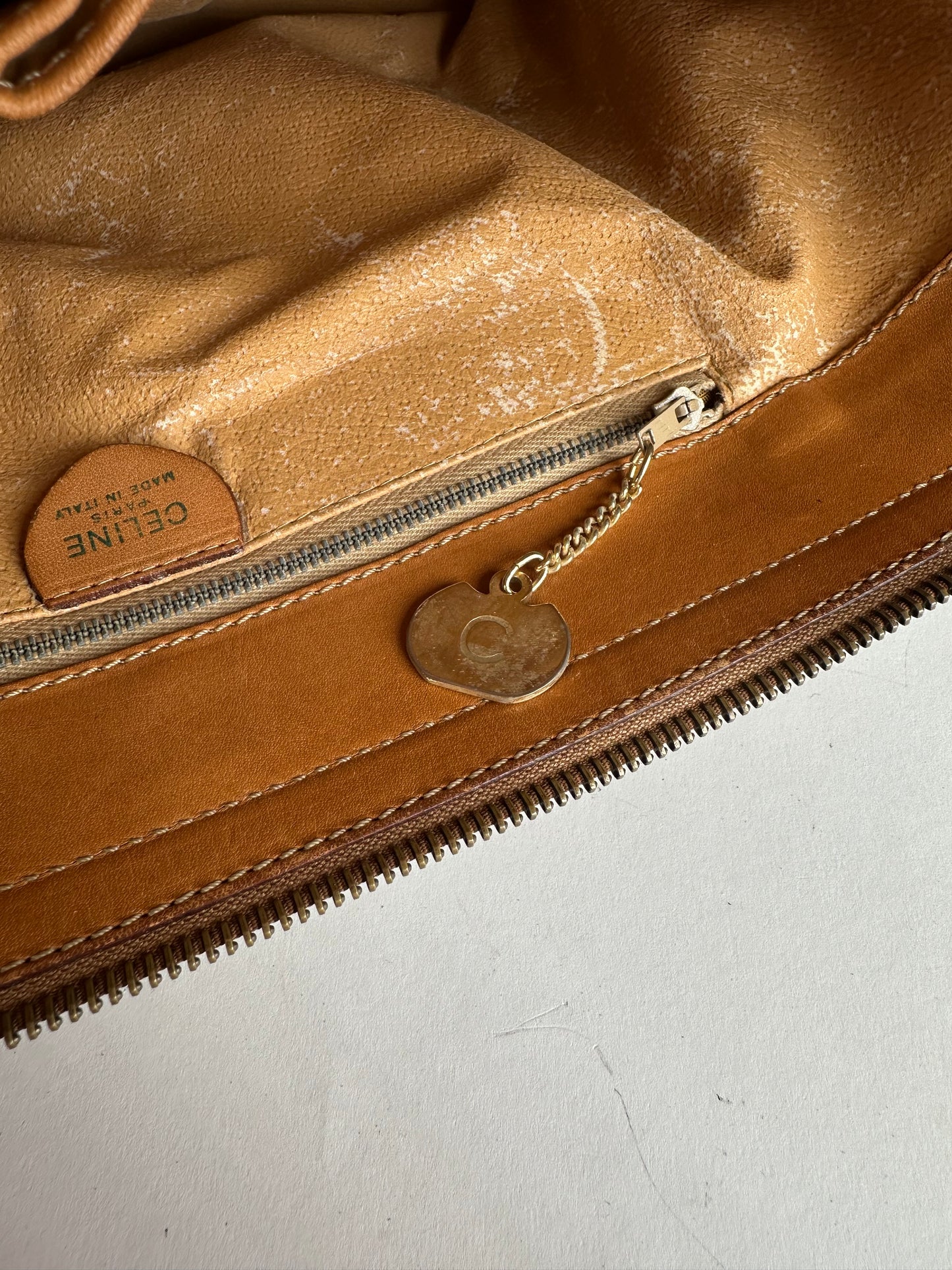 Vintage Celine Paris Monogram Leather Handbag Beige Brown