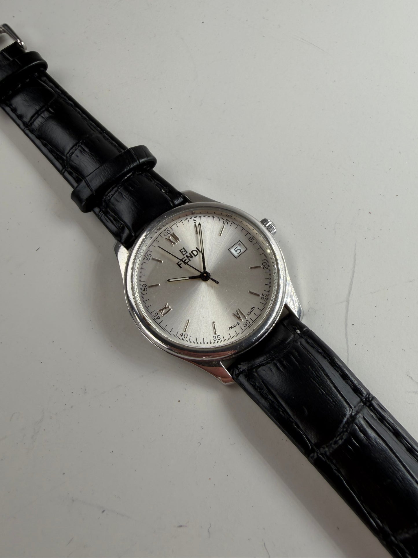 Vintage Fendi Stainless Steel Leather Strap Watch Silver Black