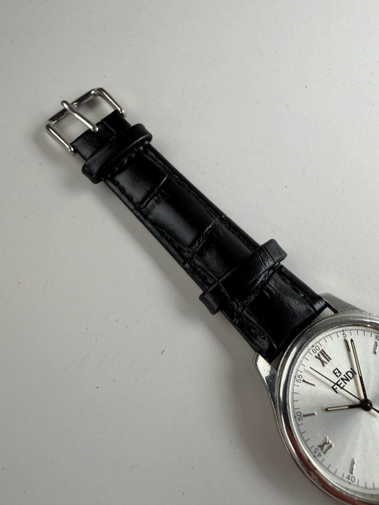 Vintage Fendi Stainless Steel Leather Strap Watch Silver Black