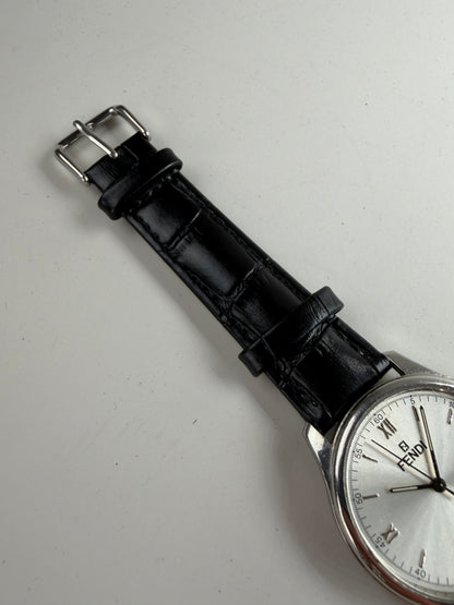 Vintage Fendi Stainless Steel Leather Strap Watch Silver Black