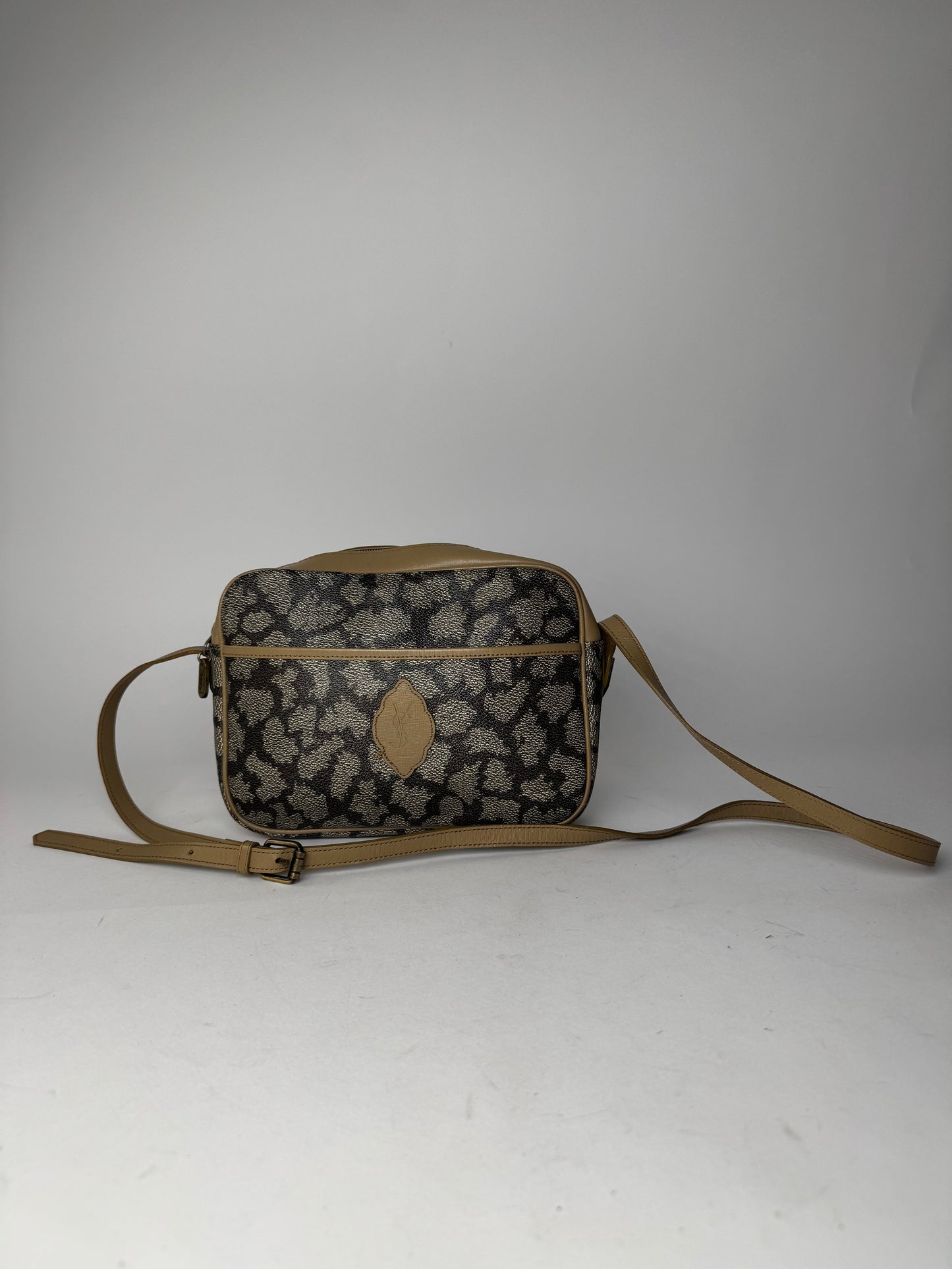 Vintage Yves Saint Laurent Stone Emblossed Leather Shoulder Bag Grey Black Brown