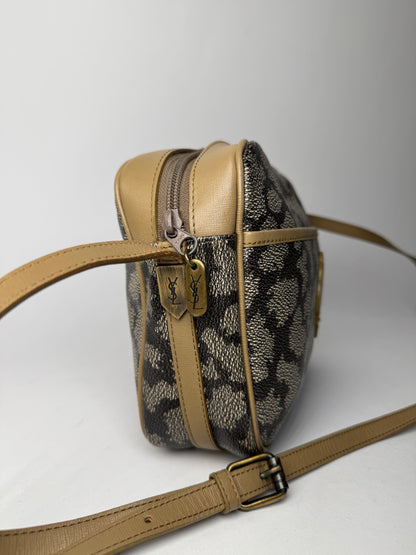 Vintage Yves Saint Laurent Stone Emblossed Leather Shoulder Bag Grey Black Brown