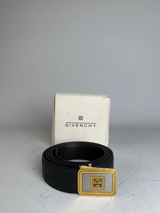Vintage Givenchy Leather Belt Black Gold-Tone Buckle