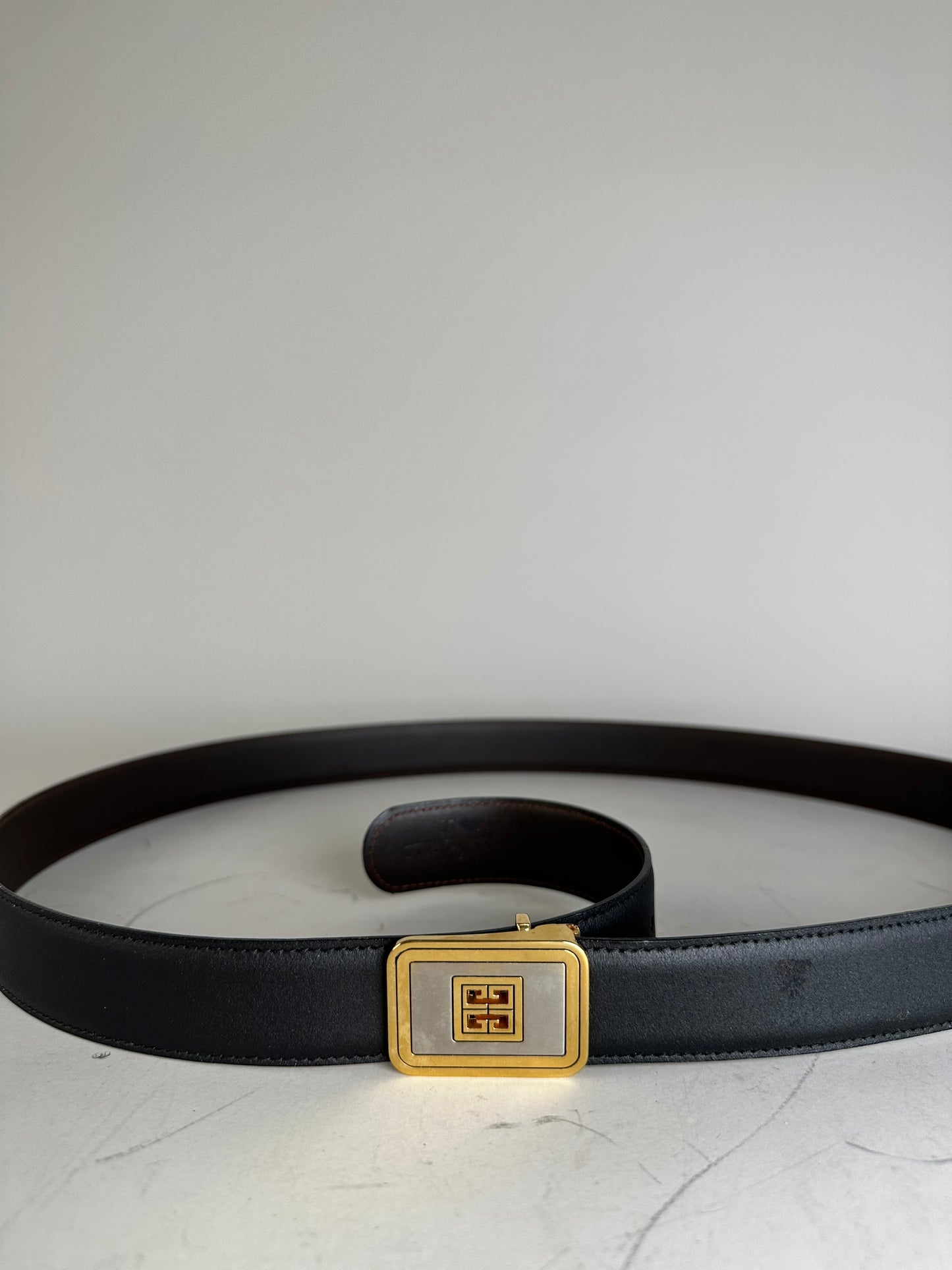 Vintage Givenchy Leather Belt Black Gold-Tone Buckle