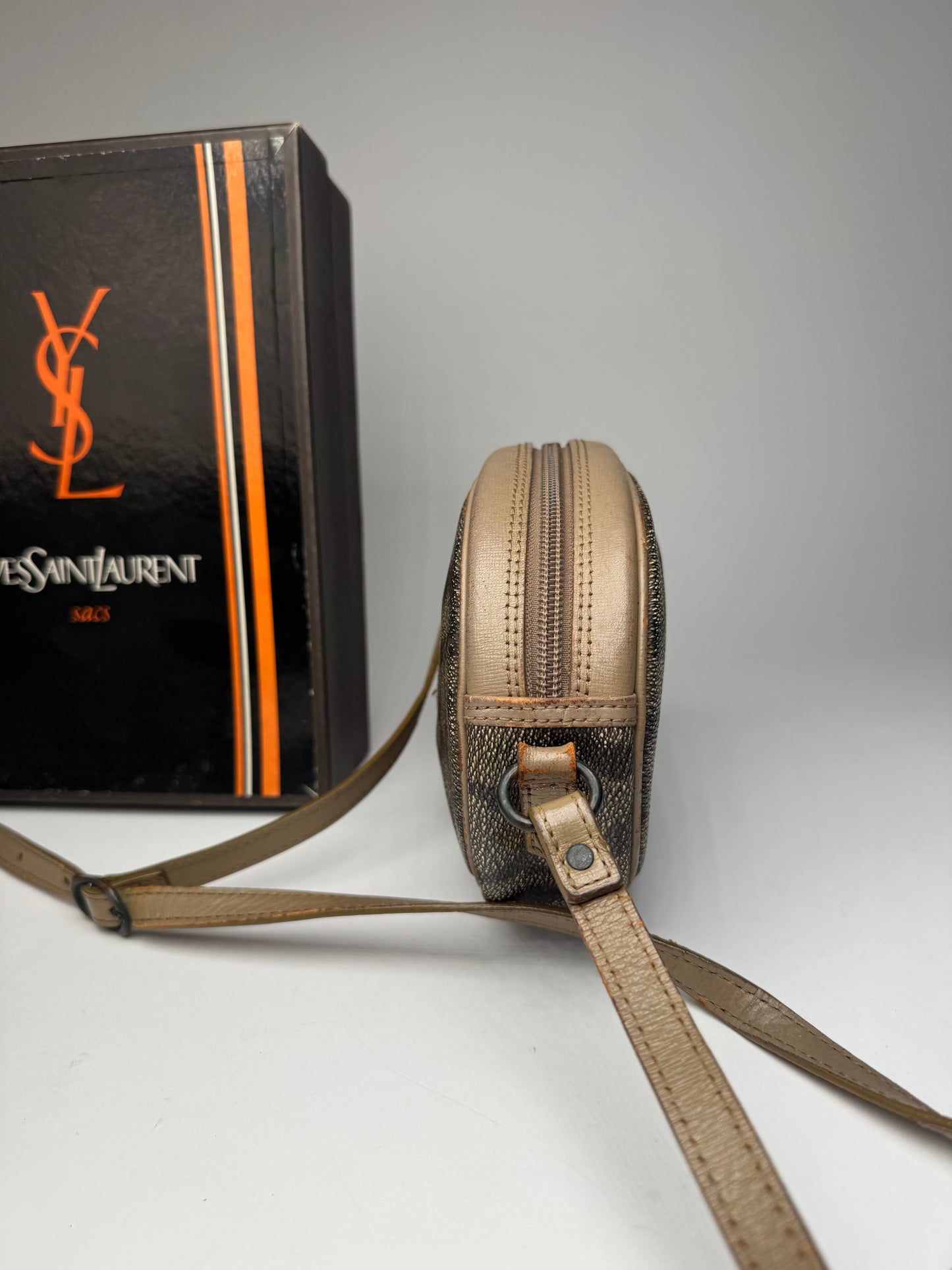 Vintage Yves Saint Laurent Leather Crossbody Shoulder Bag grey Brown black
