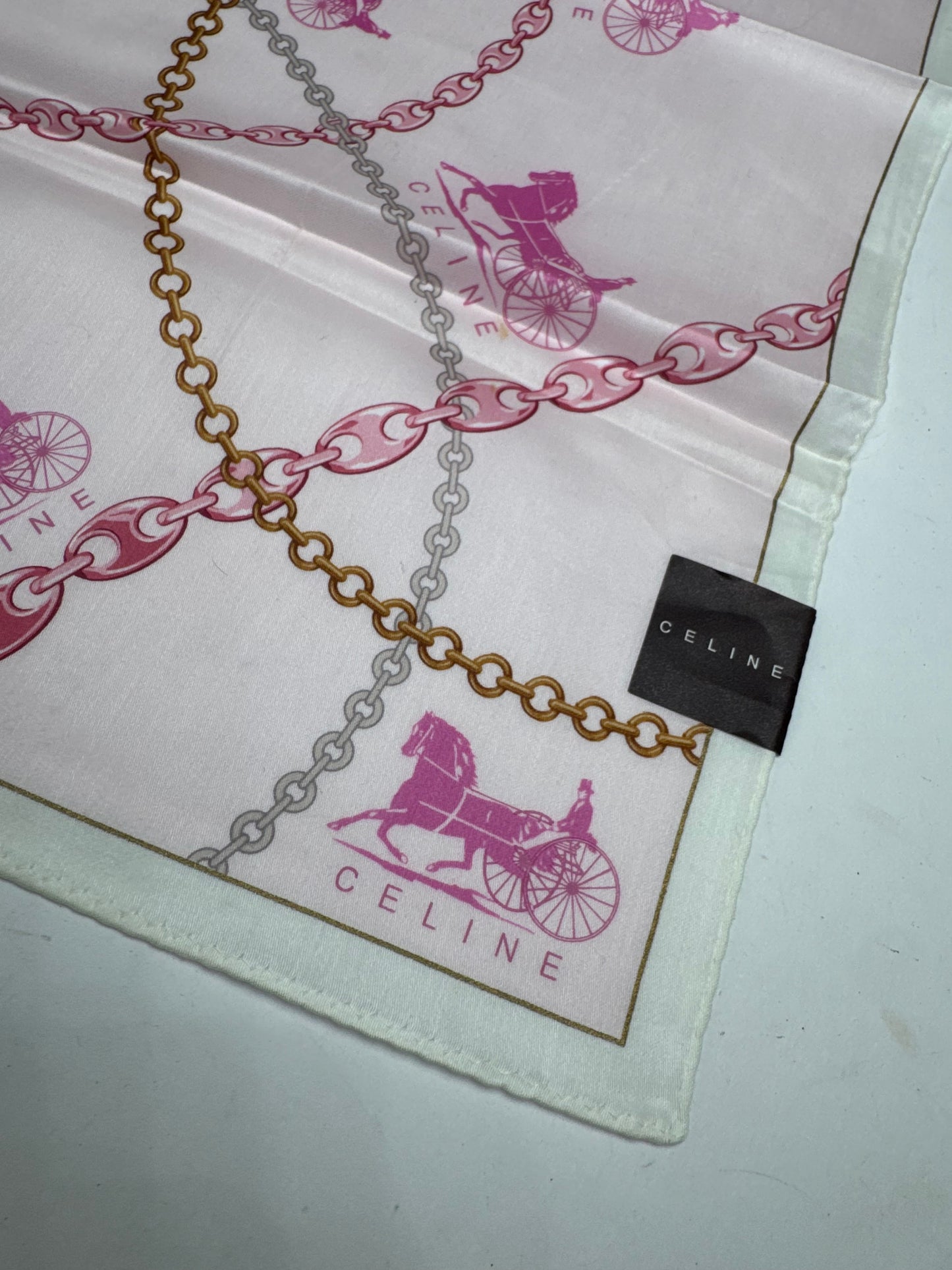 Vintage Celine Paris Horse scarf white pink