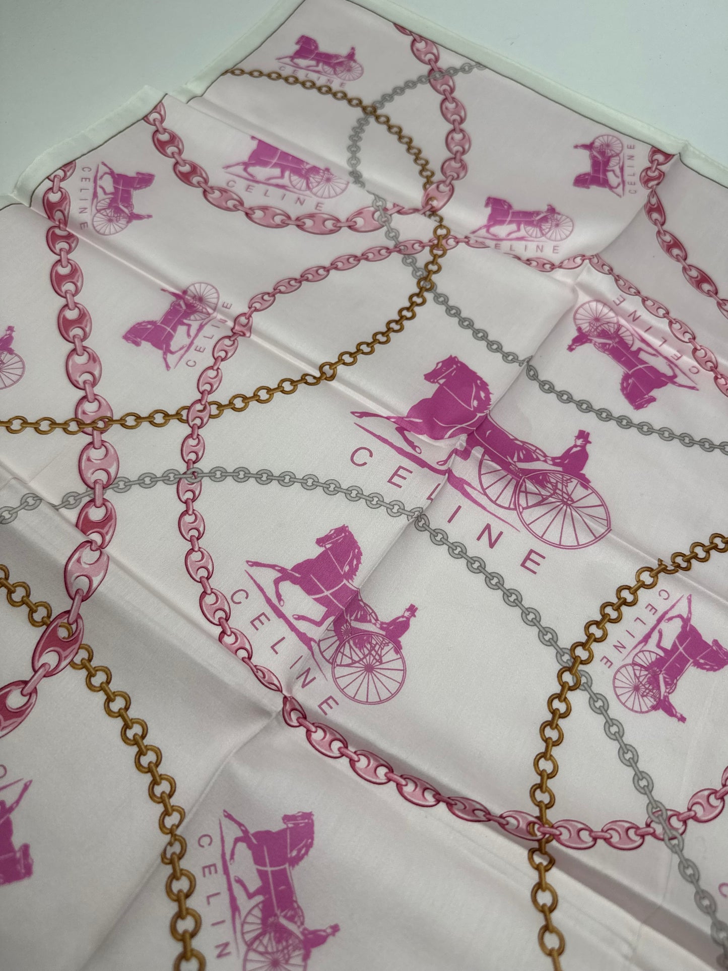 Vintage Celine Paris Horse scarf white pink
