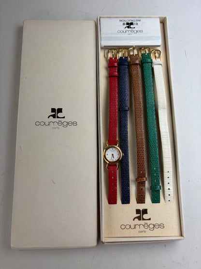 Vintage Courreges Leather Strap Watch Gold-Tone Case White