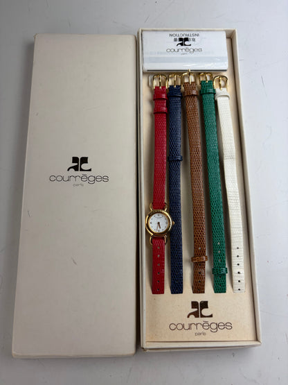Vintage Courreges Leather Strap Watch Gold-Tone Case White