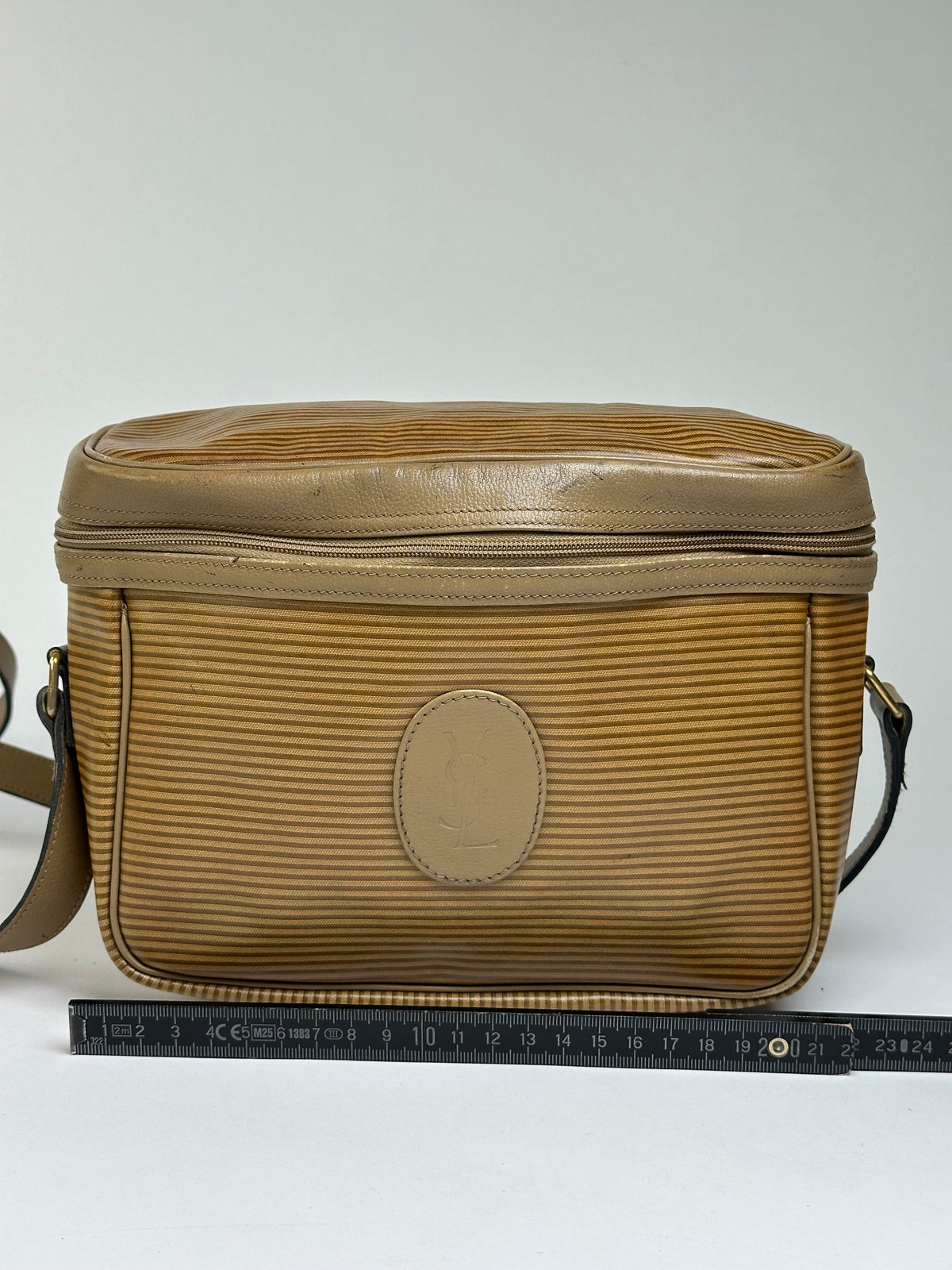 Vintage Yves Saint Laurent Striped Faux Leather Crossbody Bag Late 1980s Tan Beige