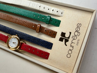 Vintage Courreges Leather Strap Watch Gold-Tone Case White