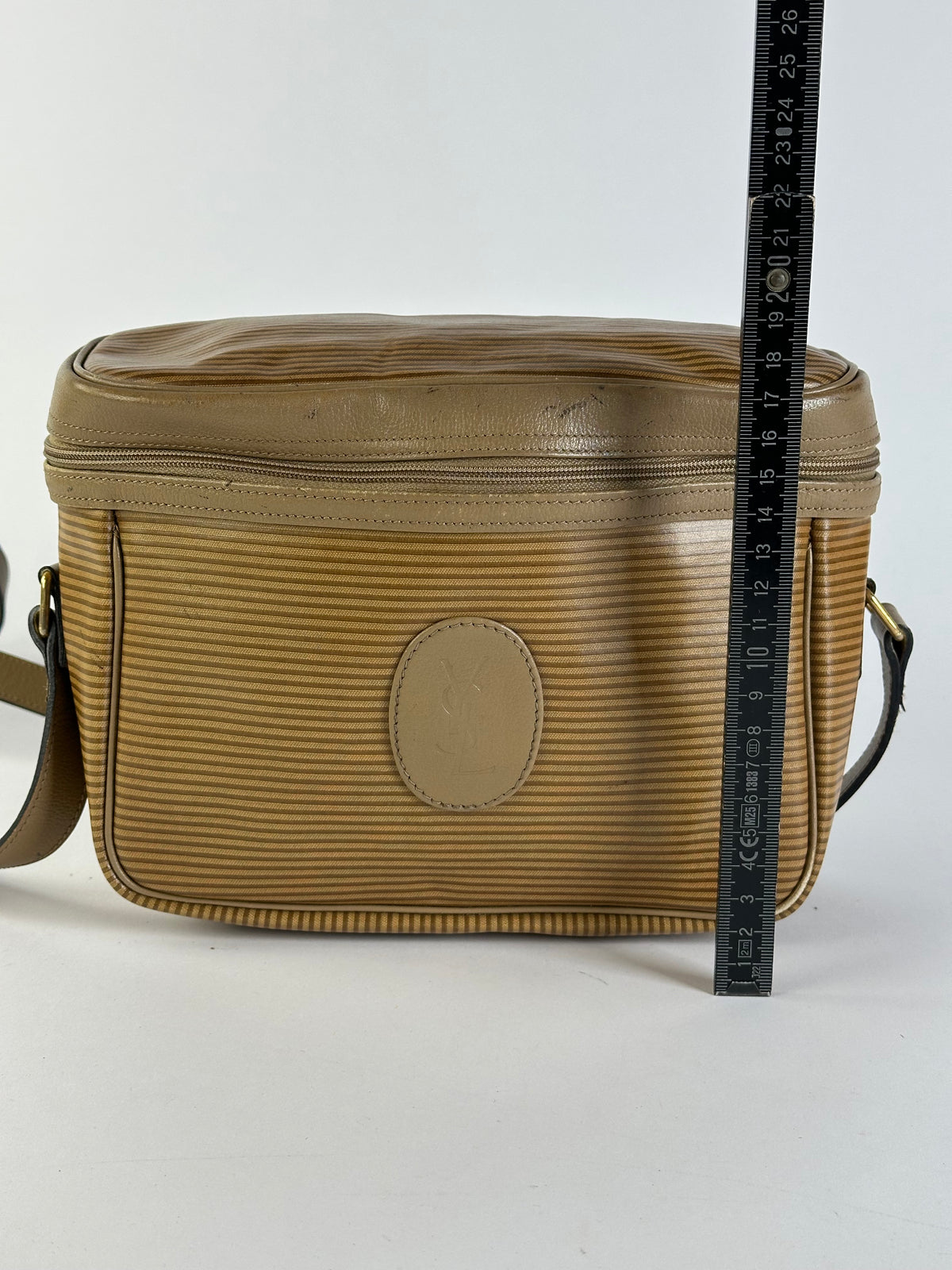 Vintage Yves Saint Laurent Striped Faux Leather Crossbody Bag Late 1980s Tan Beige