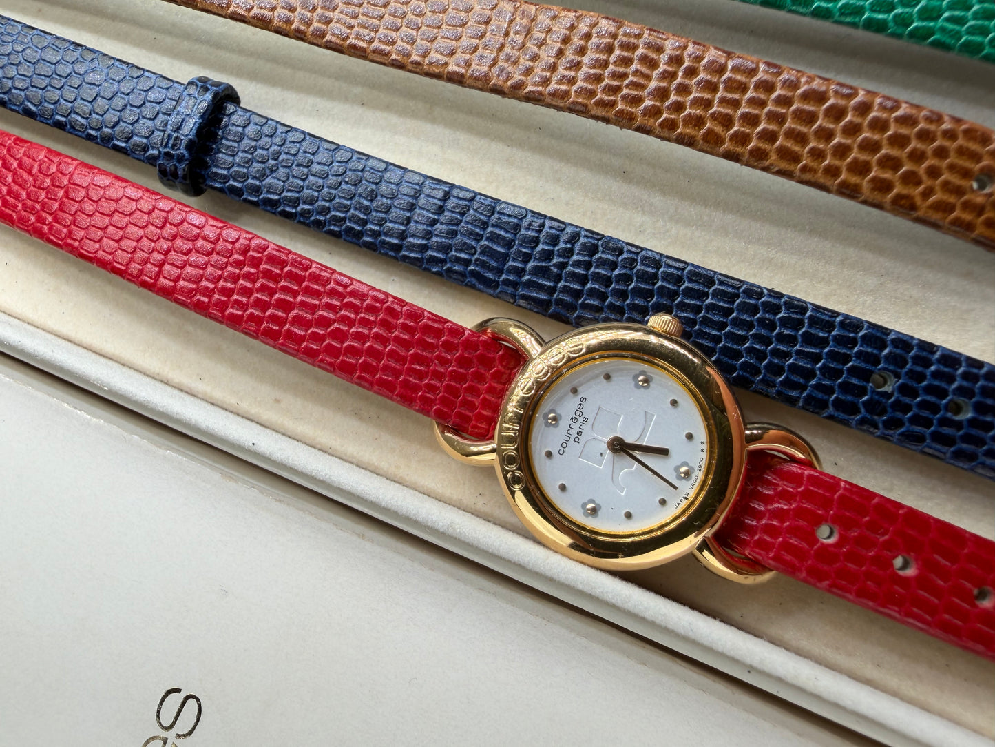 Vintage Courreges Leather Strap Watch Gold-Tone Case White
