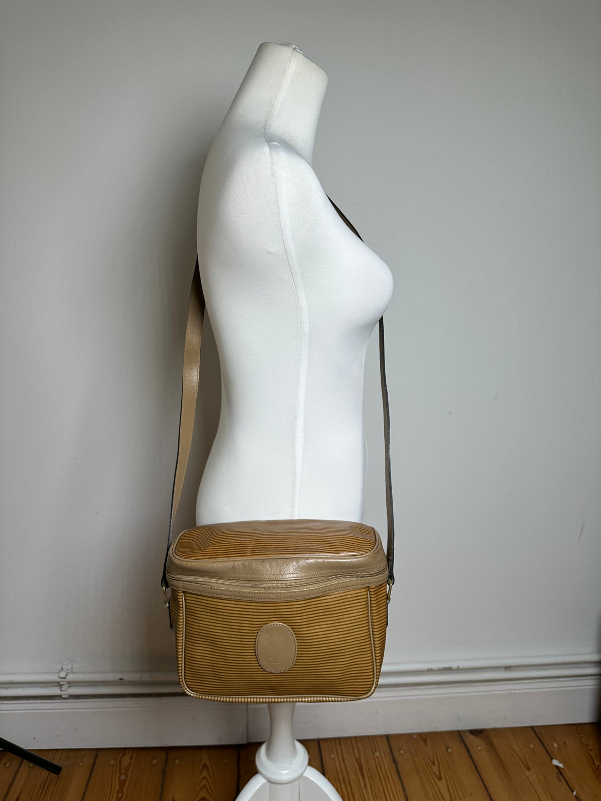 Vintage Yves Saint Laurent Striped Faux Leather Crossbody Bag Late 1980s Tan Beige