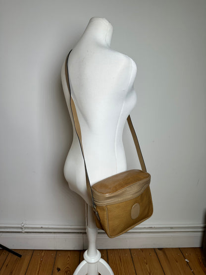 Vintage Yves Saint Laurent Striped Faux Leather Crossbody Bag Late 1980s Tan Beige