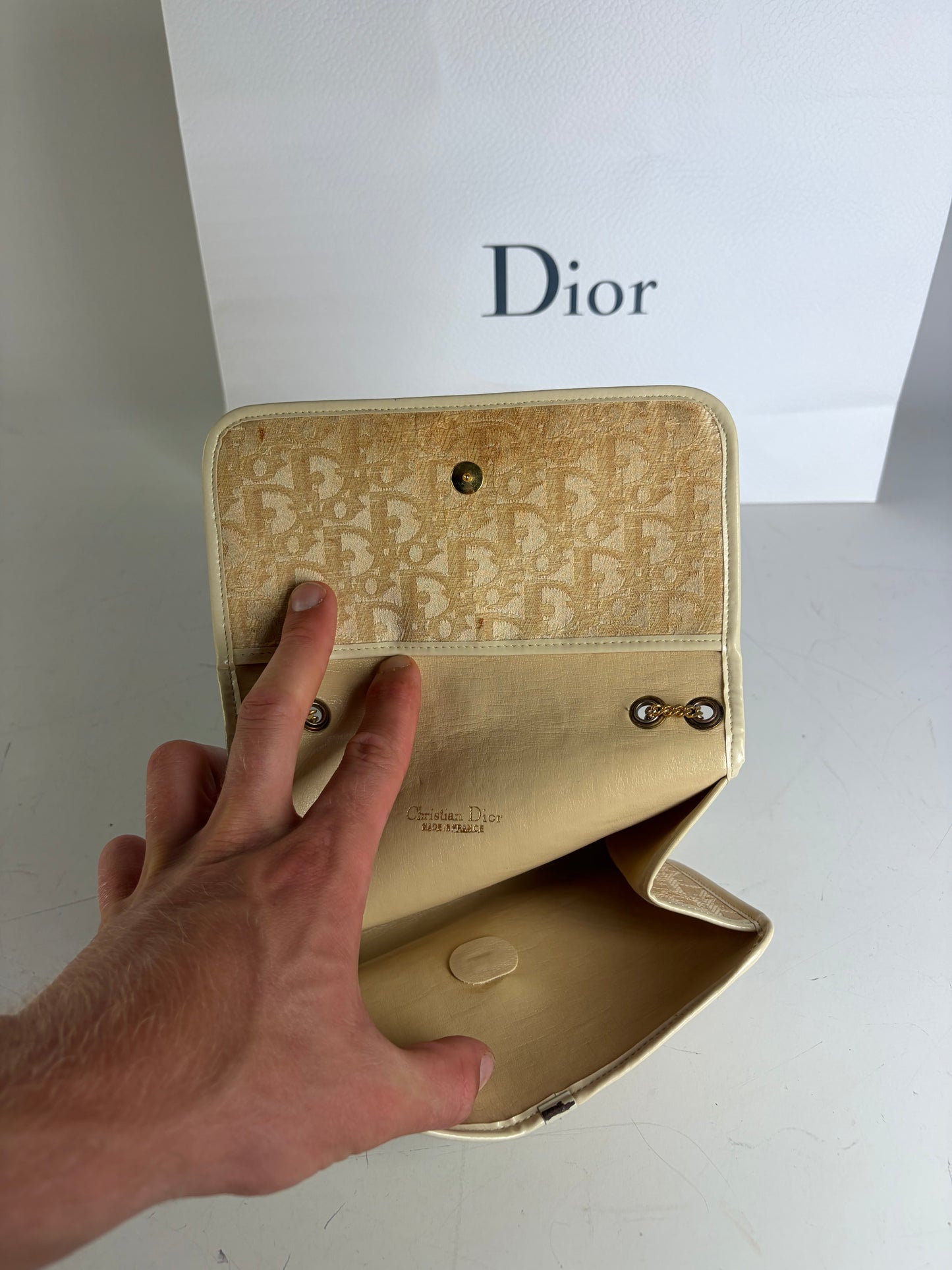 Vintage Dior Monogram Canvas Clutch Bag Cream Light Gold