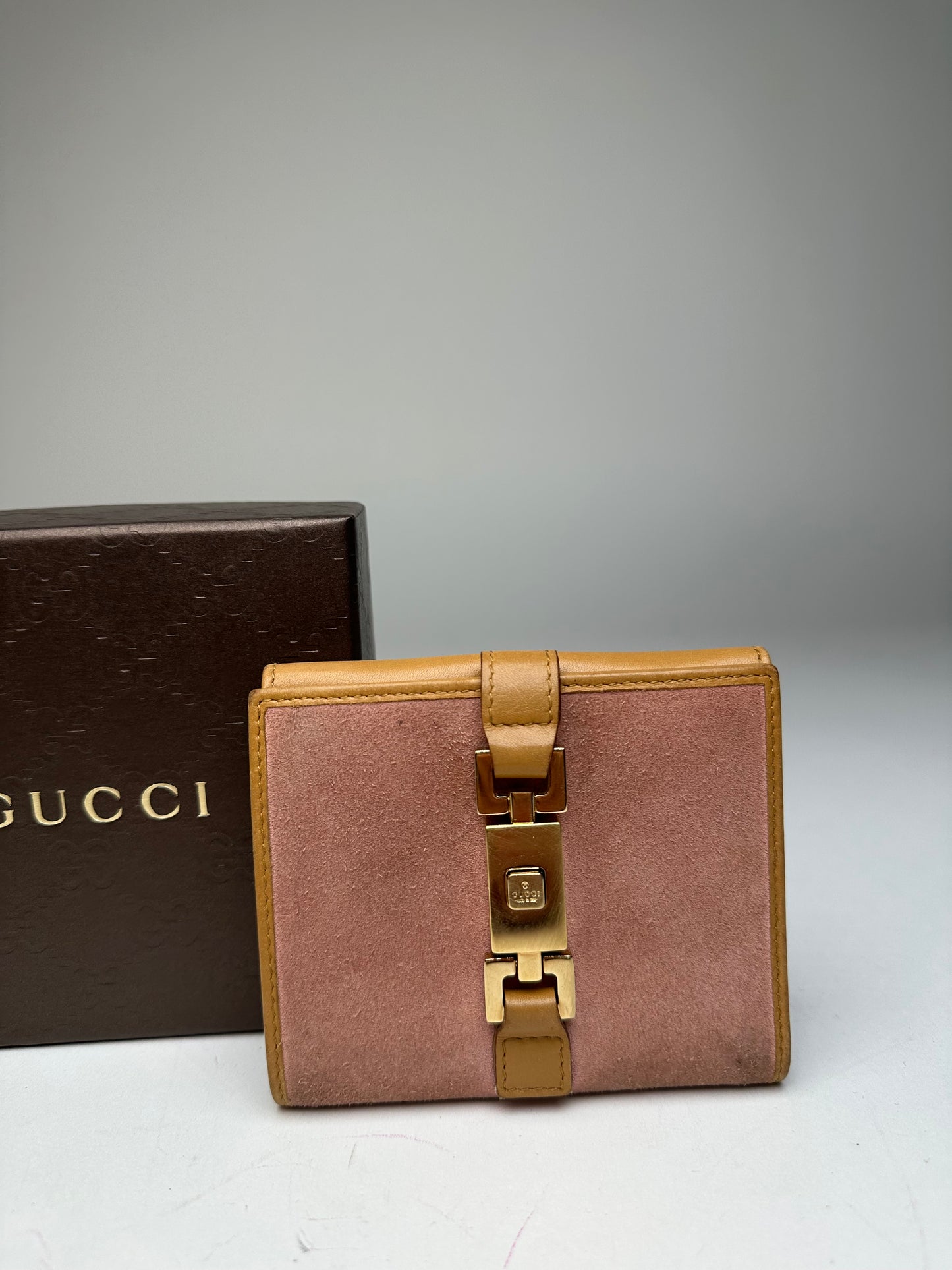 Vintage Gucci Jackie Suede Leather Wallet Pink Beige