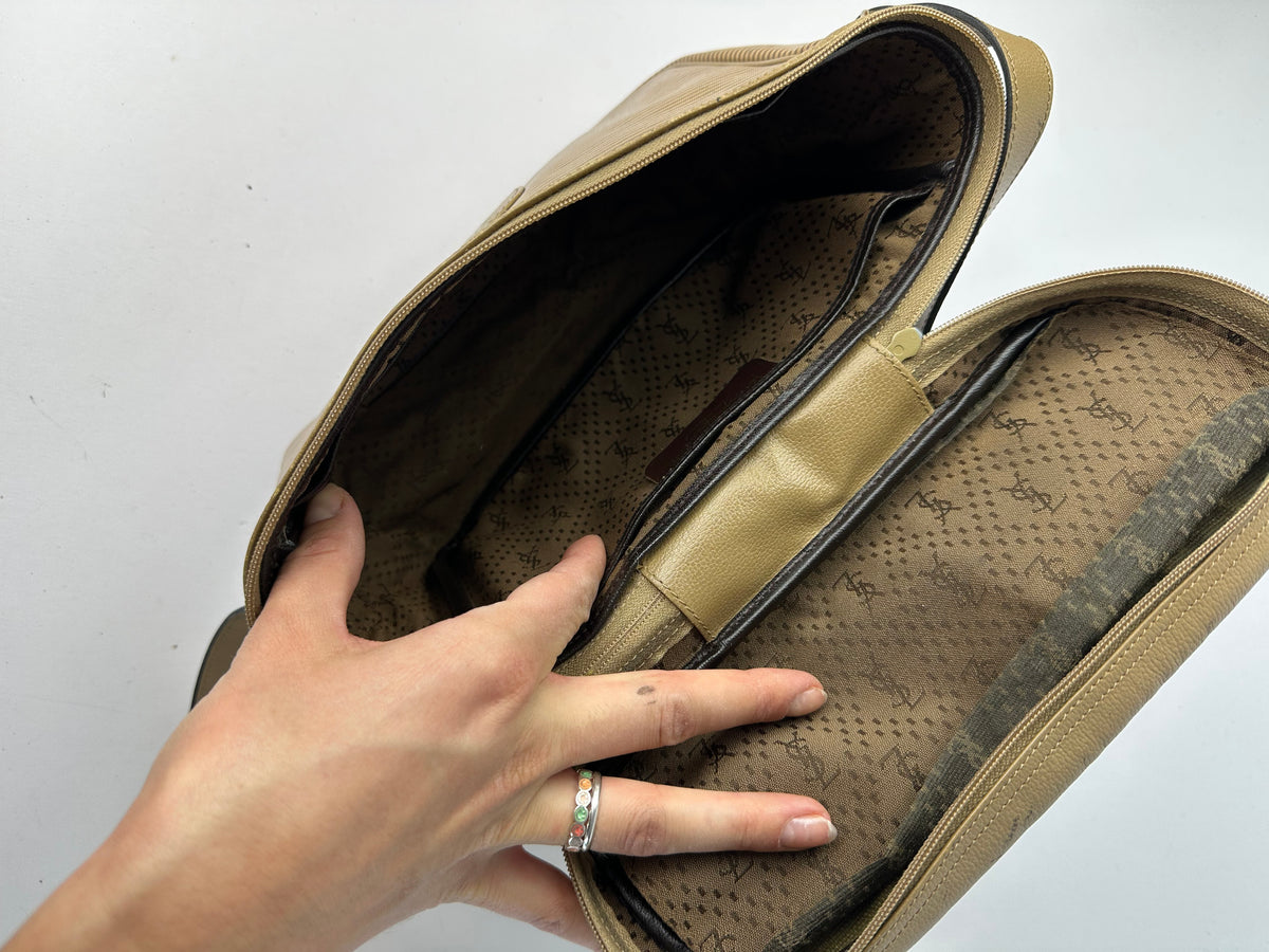Vintage Yves Saint Laurent Striped Faux Leather Crossbody Bag Late 1980s Tan Beige