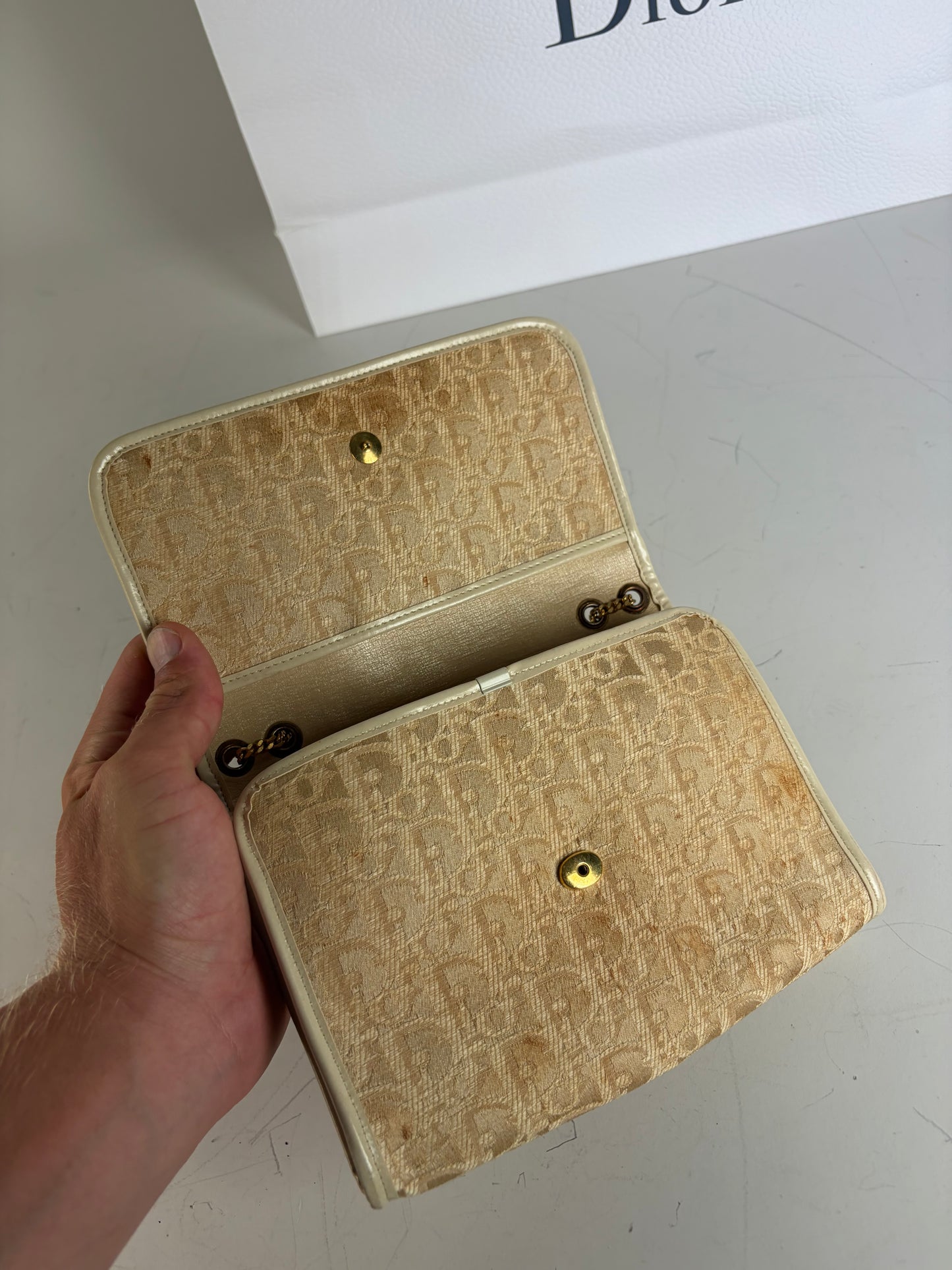Vintage Dior Monogram Canvas Clutch Bag Cream Light Gold