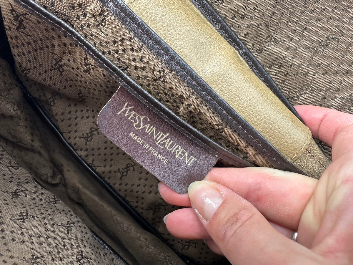 Vintage Yves Saint Laurent Striped Faux Leather Crossbody Bag Late 1980s Tan Beige