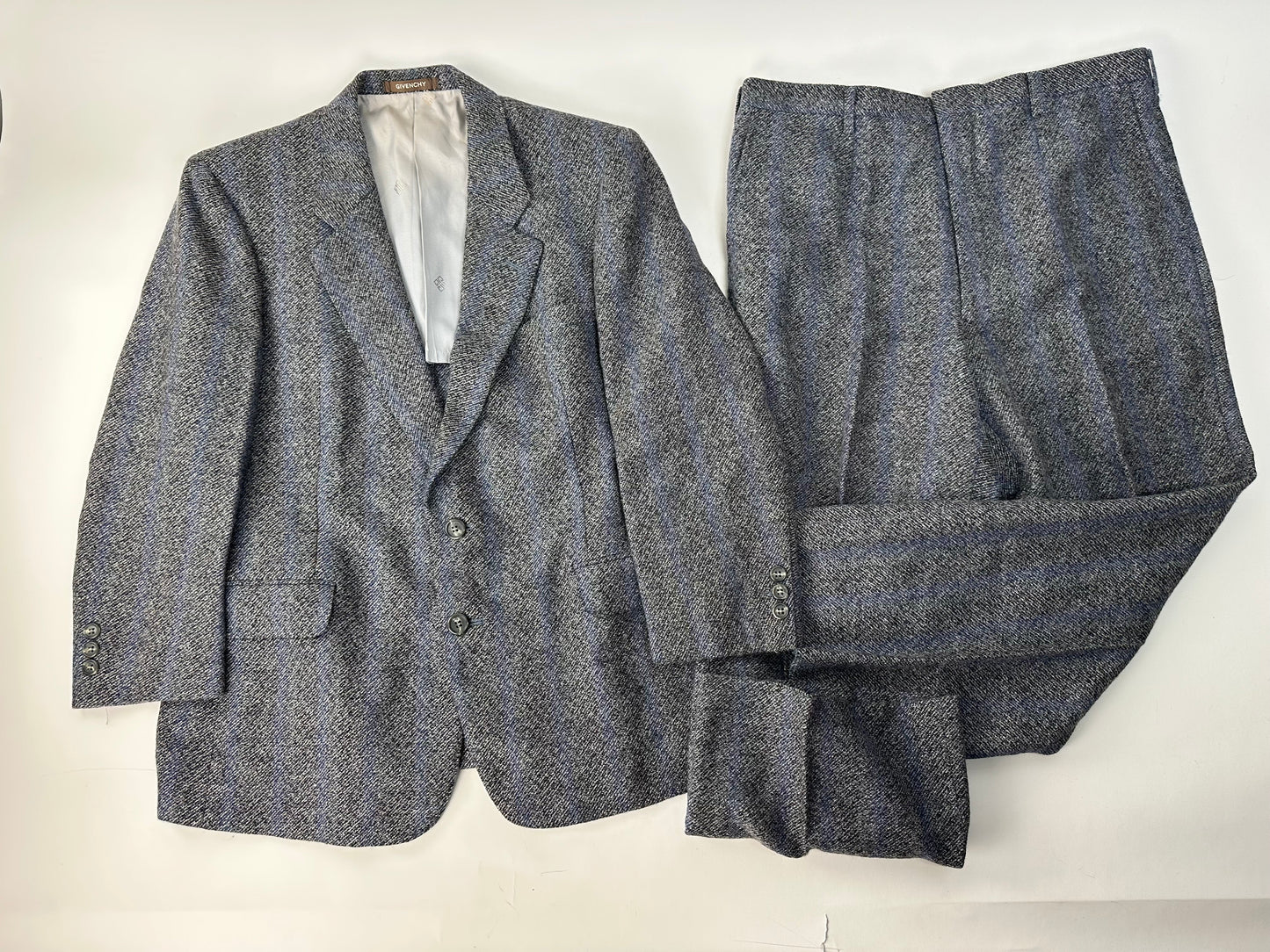 Vintage Givenchy Wool Suit Gray Blue Stripe M