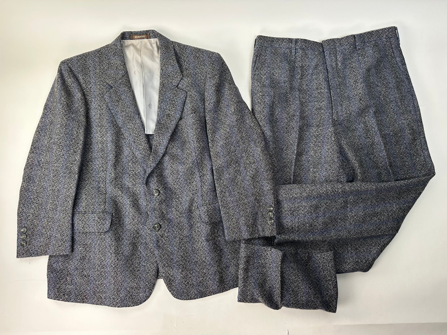 Vintage Givenchy Wool Suit Gray Blue Stripe M
