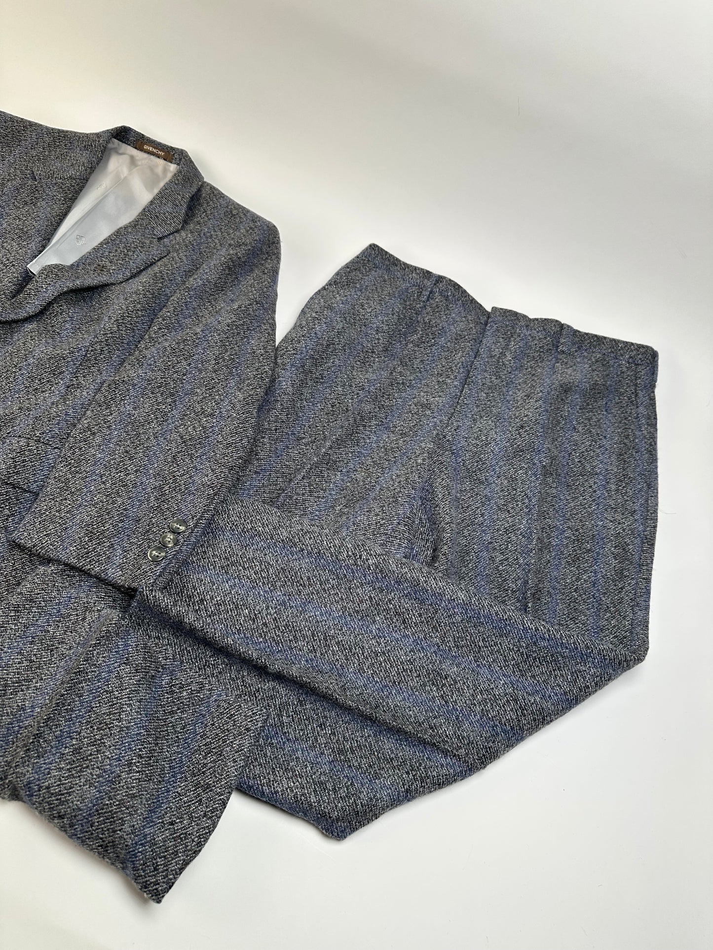 Vintage Givenchy Wool Suit Gray Blue Stripe M