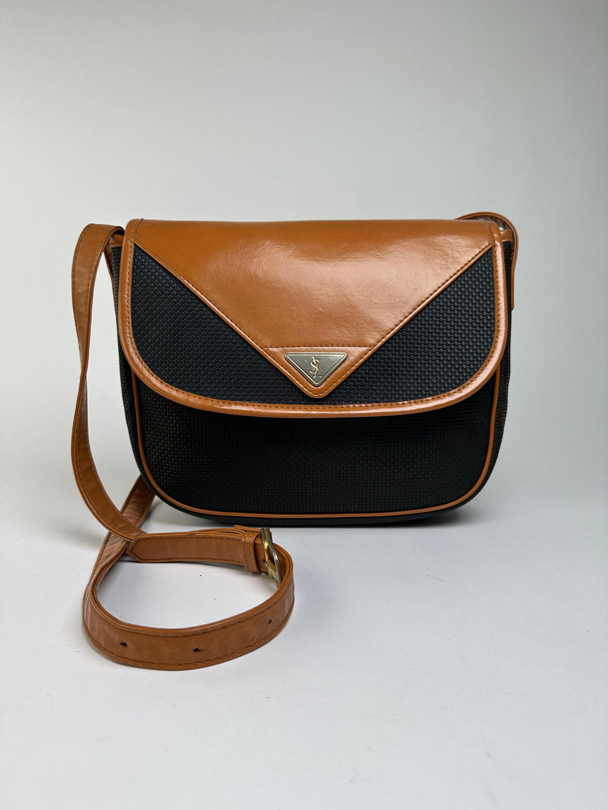 Vintage Yves Saint Laurent Flap Crossbody Bag Late 1980s Black Tan