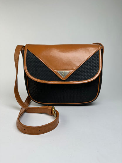 Vintage Yves Saint Laurent Flap Crossbody Bag Late 1980s Black Tan