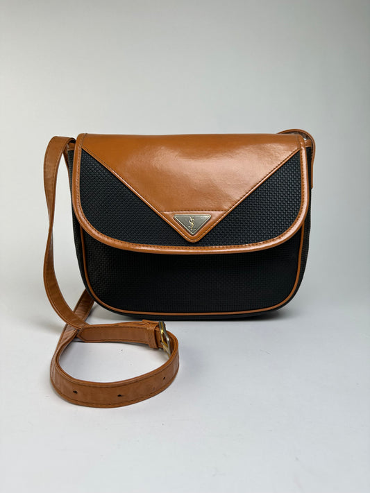 Vintage Yves Saint Laurent Flap Crossbody Bag Late 1980s Black Tan