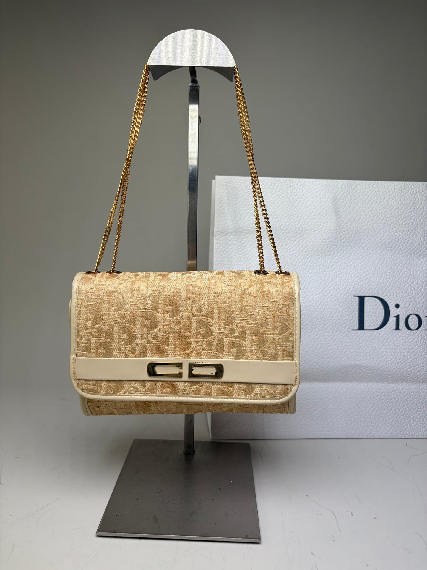 Vintage Dior Monogram Canvas Clutch Bag Cream Light Gold