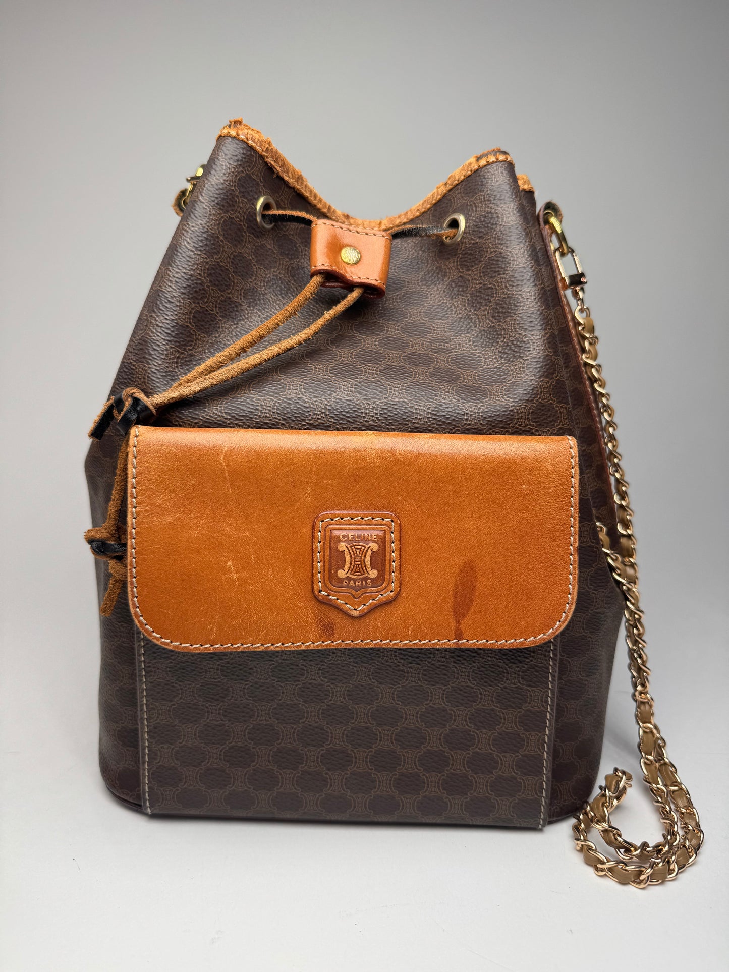 Vintage Celine Paris Sac Seau Monogram Leather Bag Brown