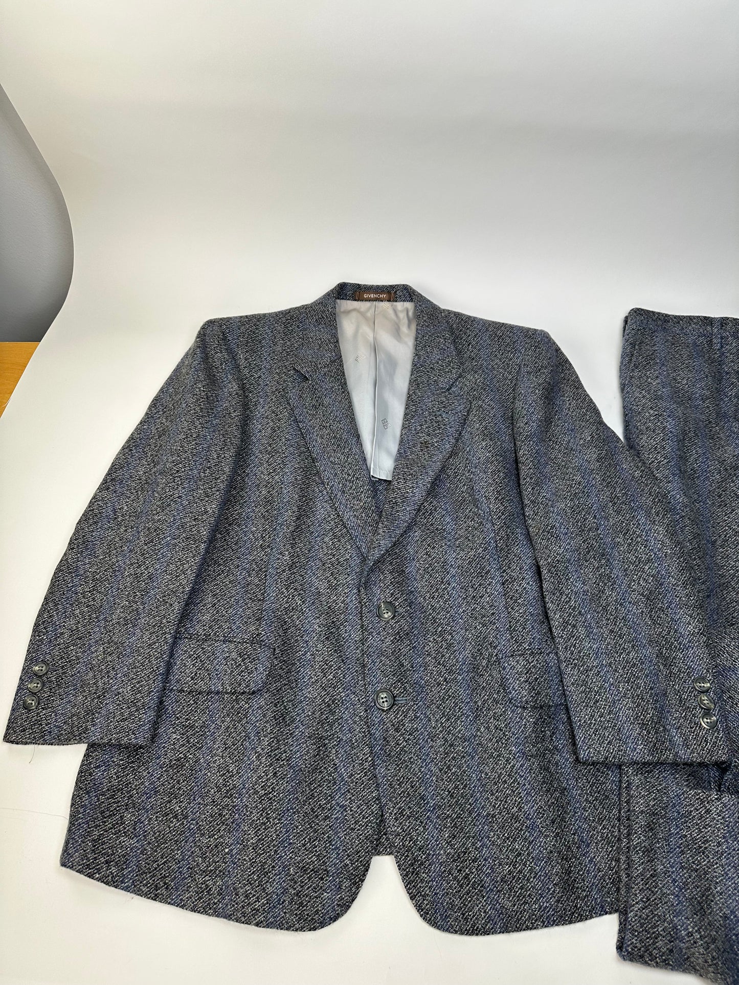 Vintage Givenchy Wool Suit Gray Blue Stripe M