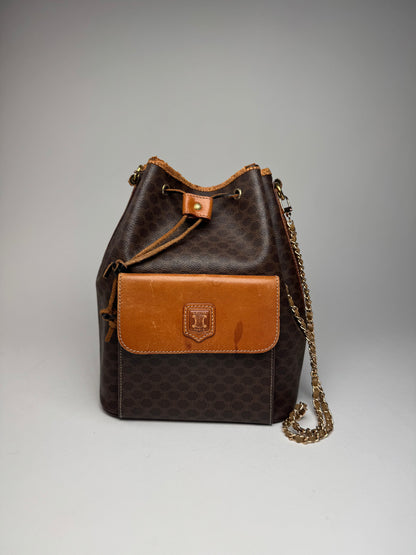 Vintage Celine Paris Sac Seau Monogram Leather Bag Brown