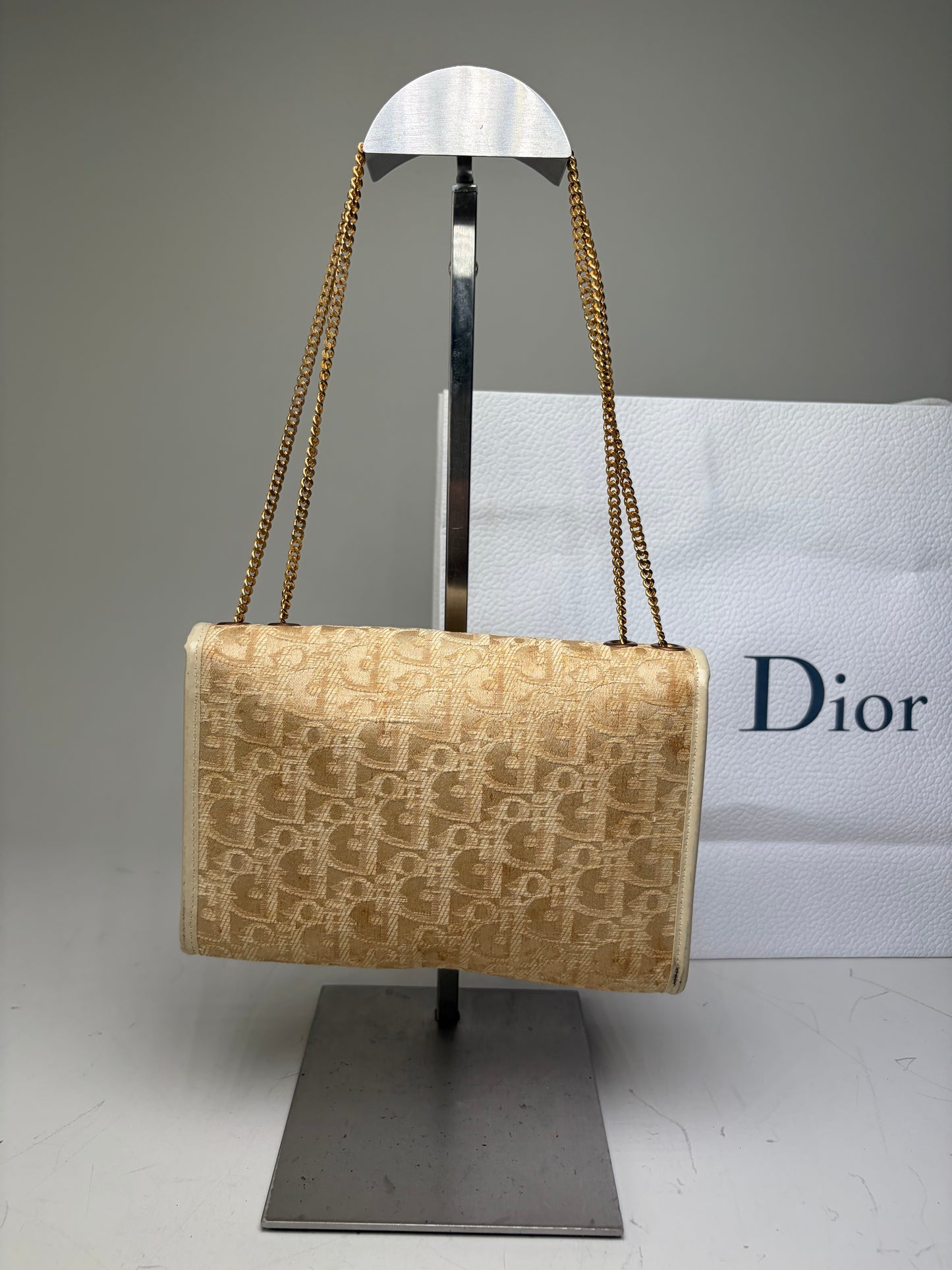 Vintage Dior Monogram Canvas Clutch Bag Cream Light Gold