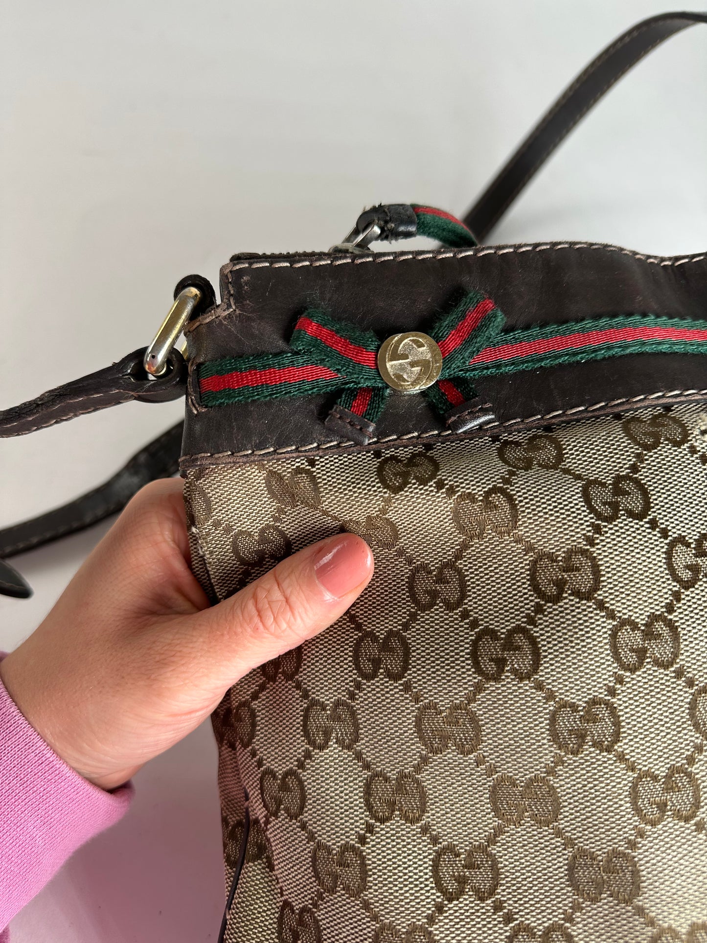Vintage Gucci Monogram Shoulder / Crossbody Bag Beige Brown