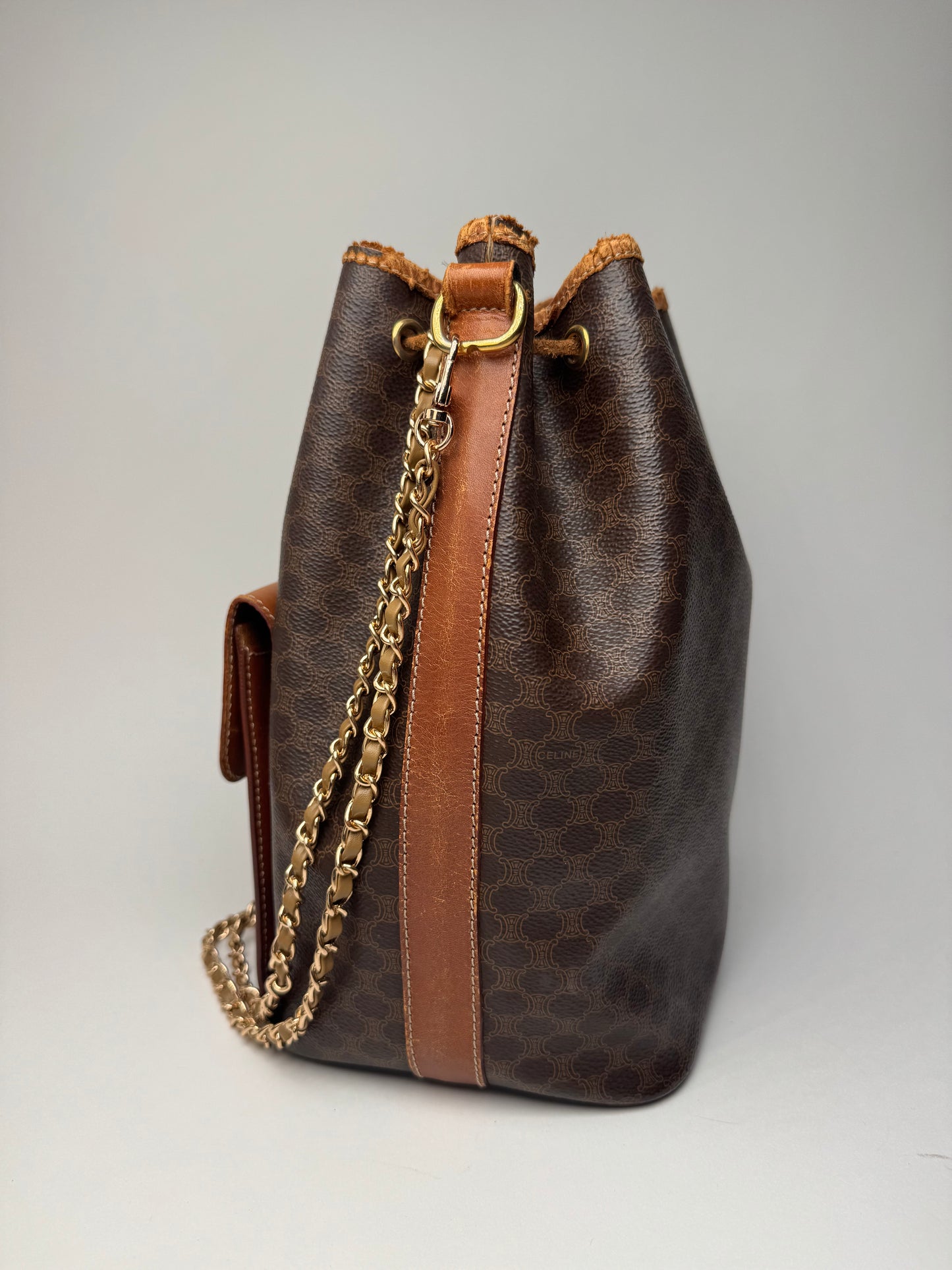 Vintage Celine Paris Sac Seau Monogram Leather Bag Brown