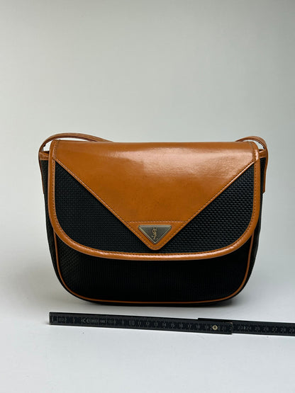 Vintage Yves Saint Laurent Flap Crossbody Bag Late 1980s Black Tan