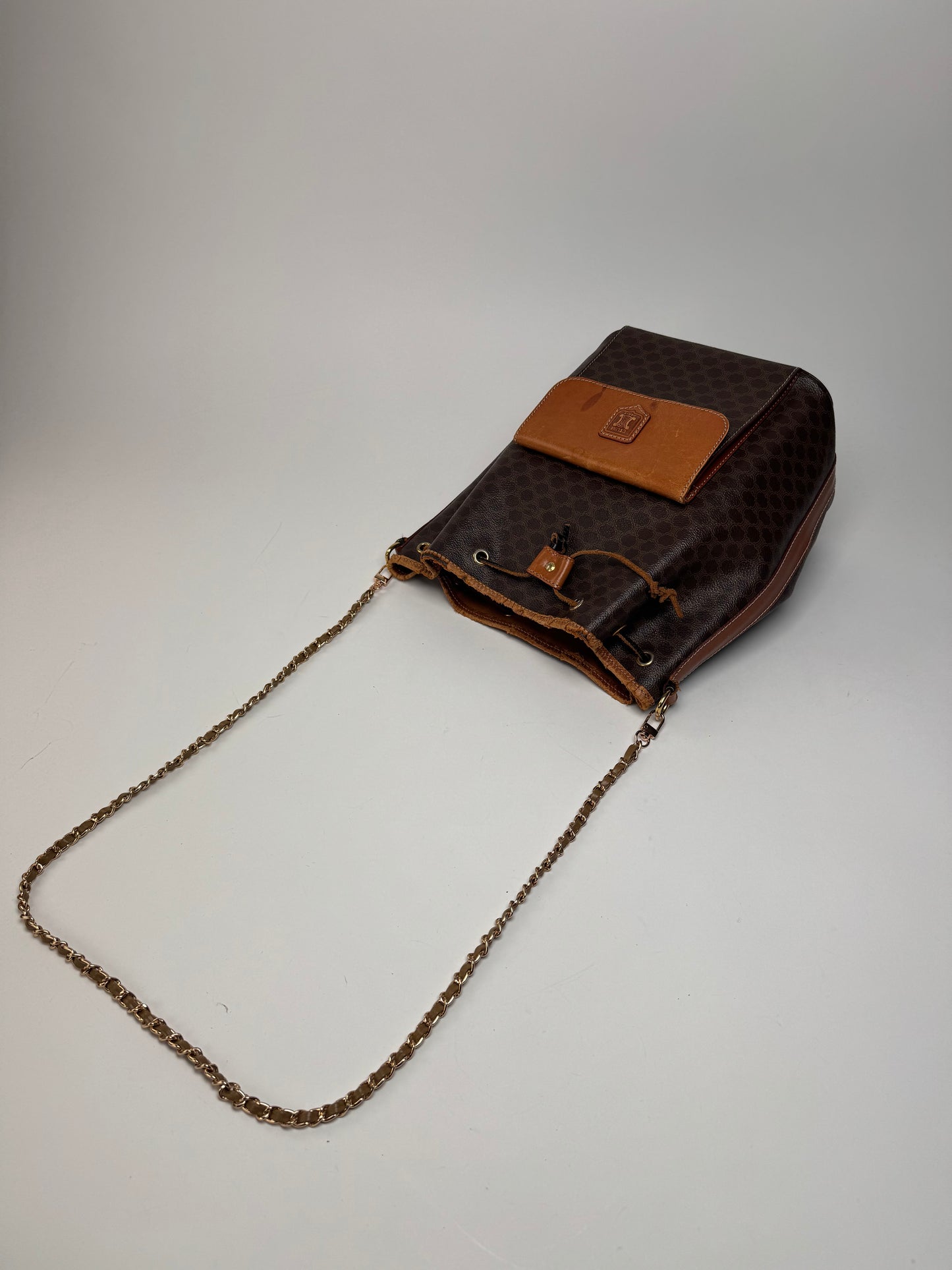 Vintage Celine Paris Sac Seau Monogram Leather Bag Brown
