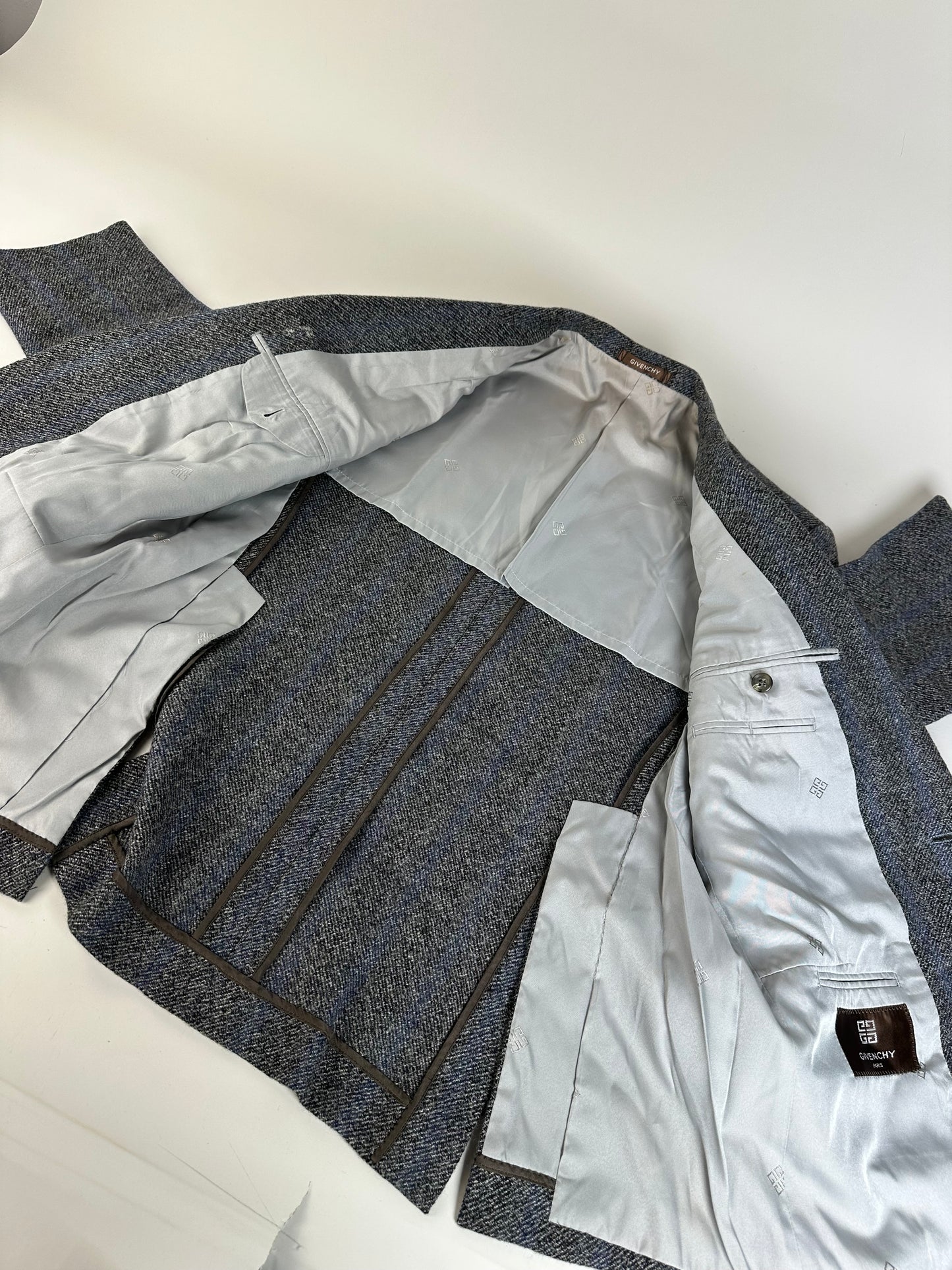 Vintage Givenchy Wool Suit Gray Blue Stripe M