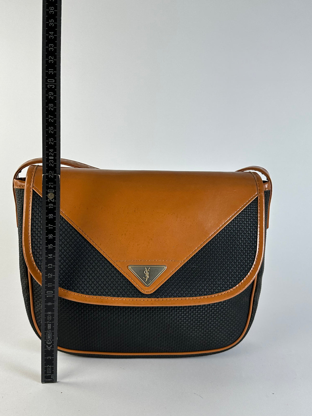 Vintage Yves Saint Laurent Flap Crossbody Bag Late 1980s Black Tan
